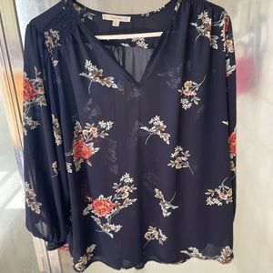 100% Polyester Blue flowered shirt 1X. Originally got from Stitch Fix for $48.